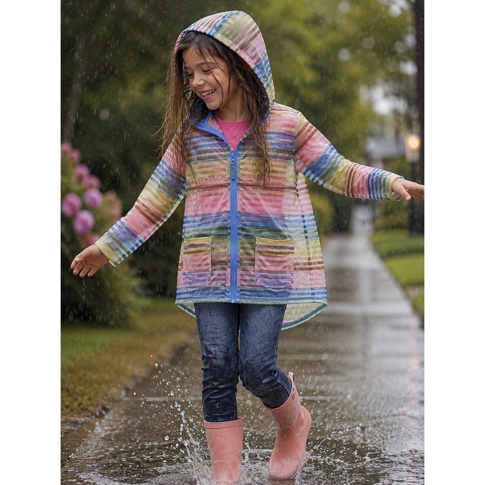 Cat & Jack Girls Rainbow Stripe Hooded M 7/8 Rain Jacket Semi Sheer